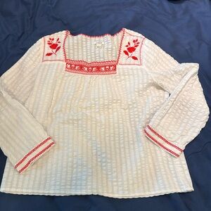 J. Crew Large White With Red Embroidery Peasant-style Cotton Blouse/shirt.